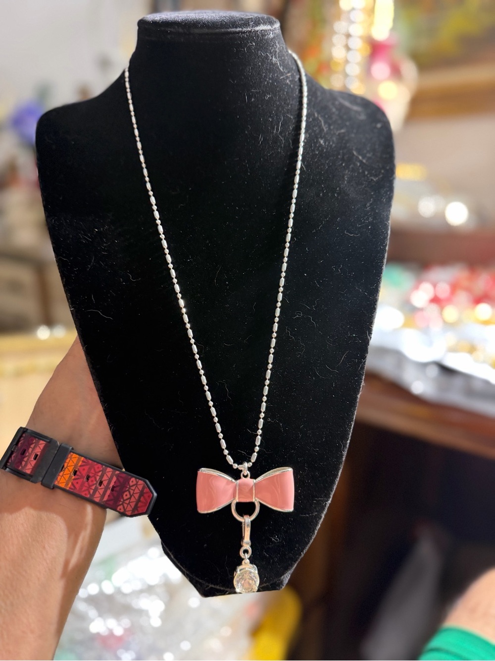 Silver Tone My Flat in London “ Life Is Sweet “Pink Bow Pendant Necklace 28”